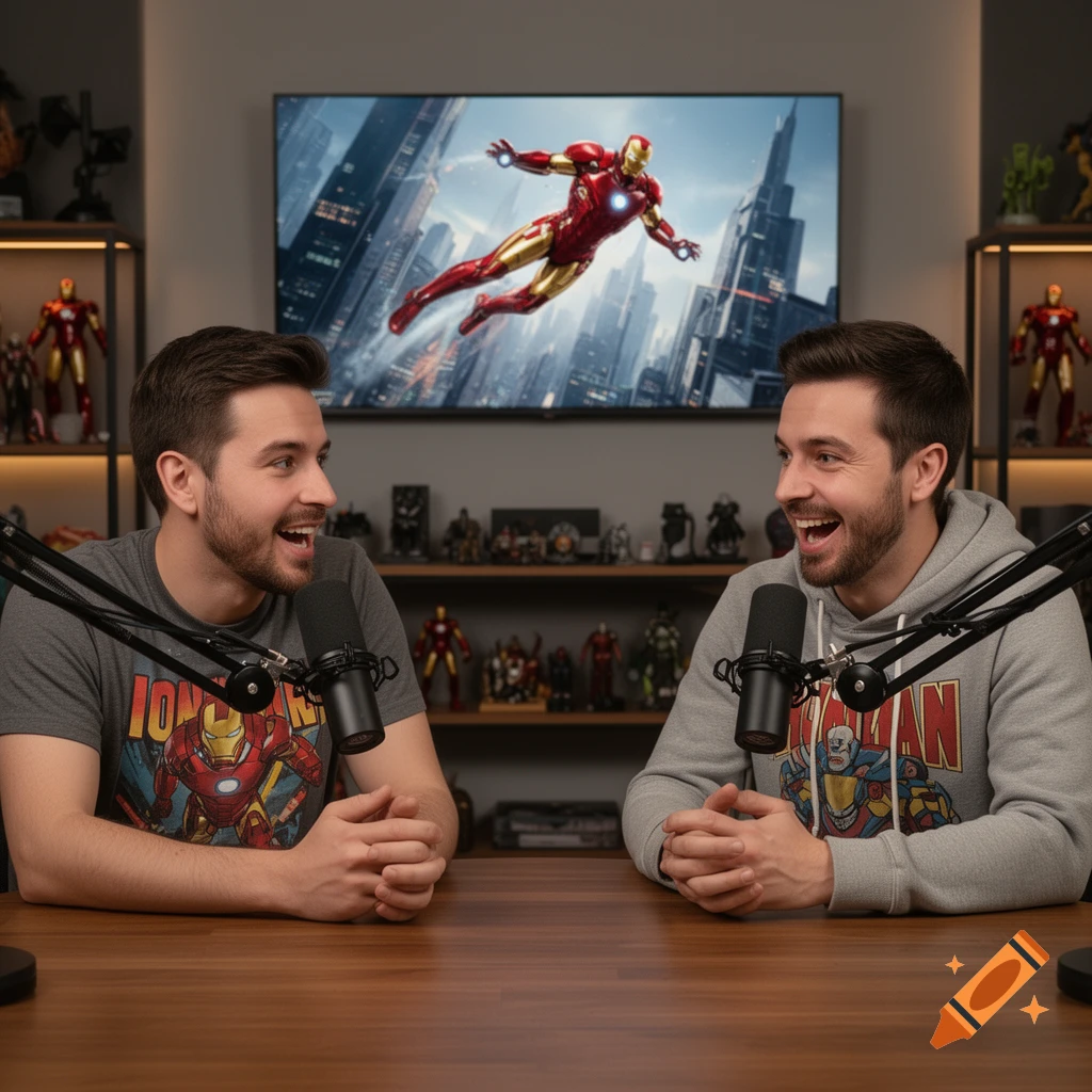 Two smiling men podcasting at a wooden table, with an Iron Man image on a screen and superhero figures in the background.