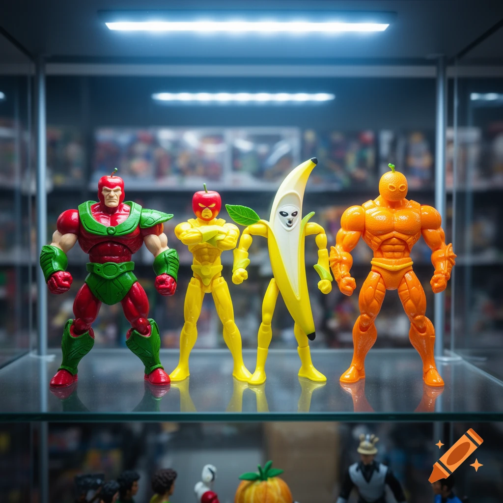 Four colorful fruit-themed superhero action figures on a glass shelf in a display case.