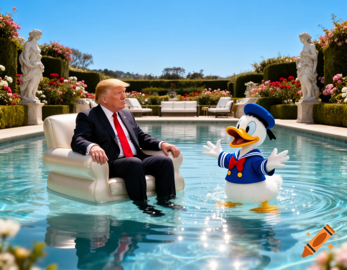 Donald Trump in a suit sitting on an inflatable chair in a pool next to Donald Duck, in a lush garden setting.