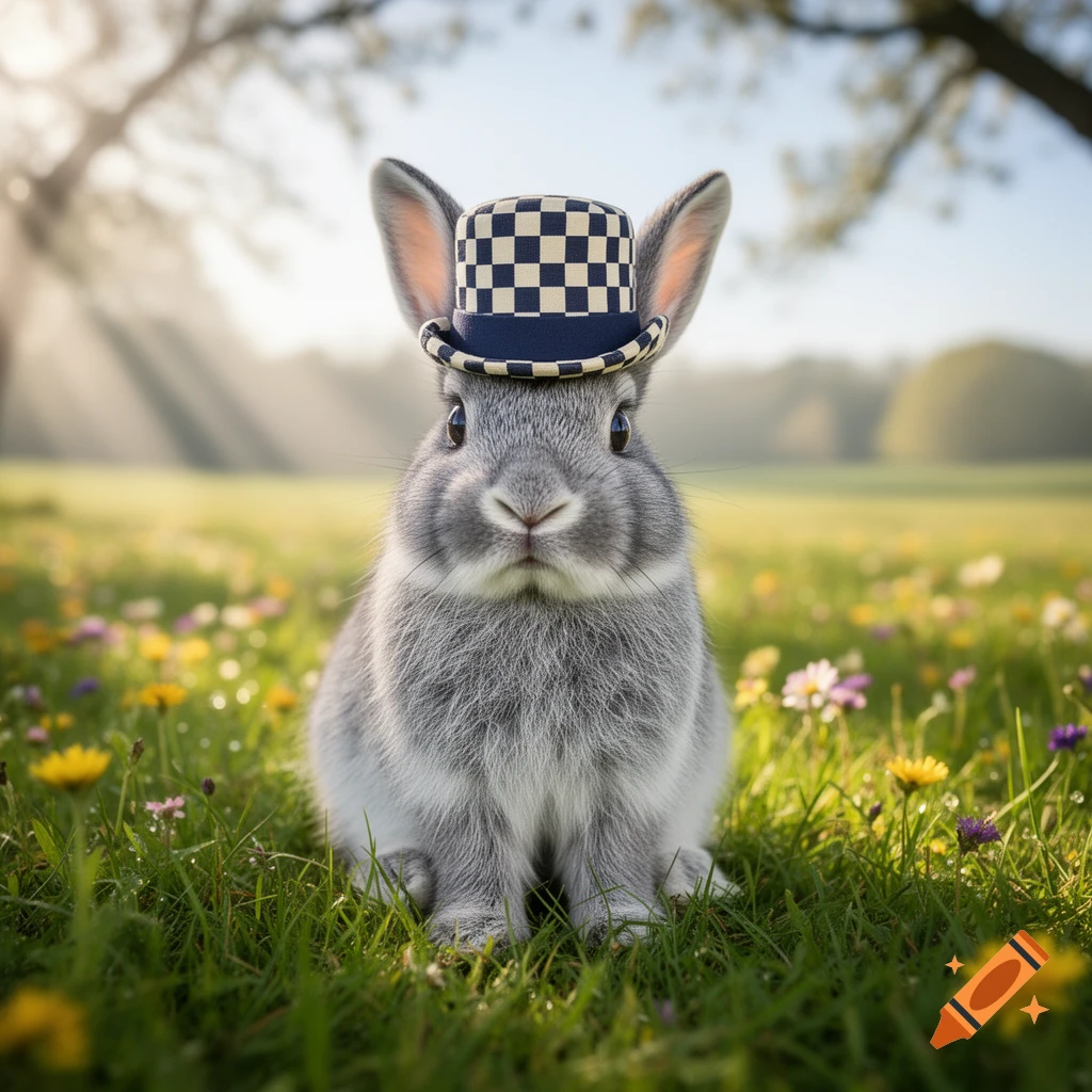 A cute grey bunny wearing a blue and white checkerboard hat sits in a sunlit field of wildflowers.