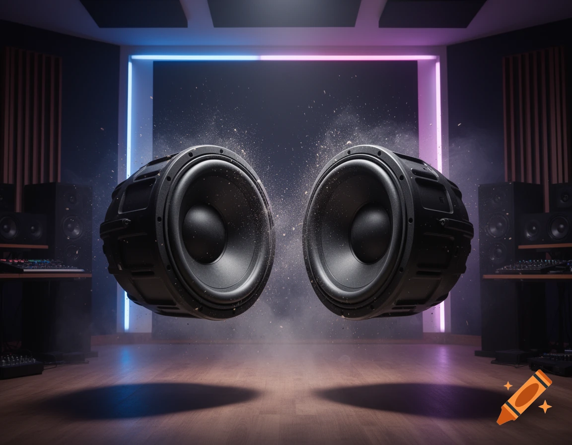 Two large subwoofers float in a dark music studio, emitting dust particles, with neon lights framing the background.