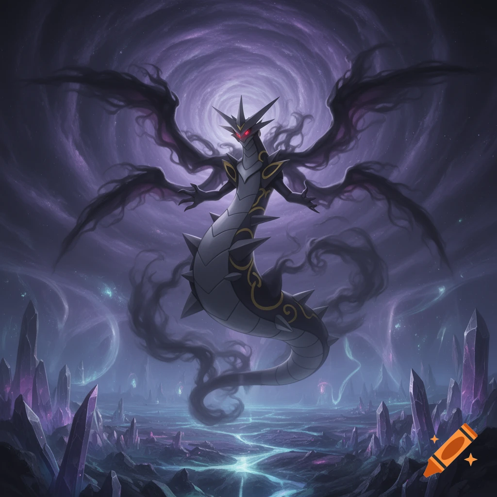 A menacing serpentine dragon, Giratina, with shadowy wings and red eyes ...