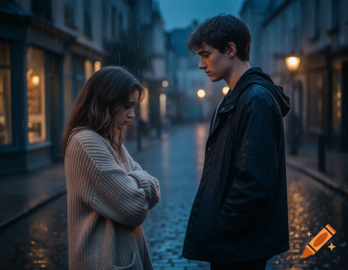 A sad young man and woman stand facing each other in a rainy street at night, appearing to have broken up.