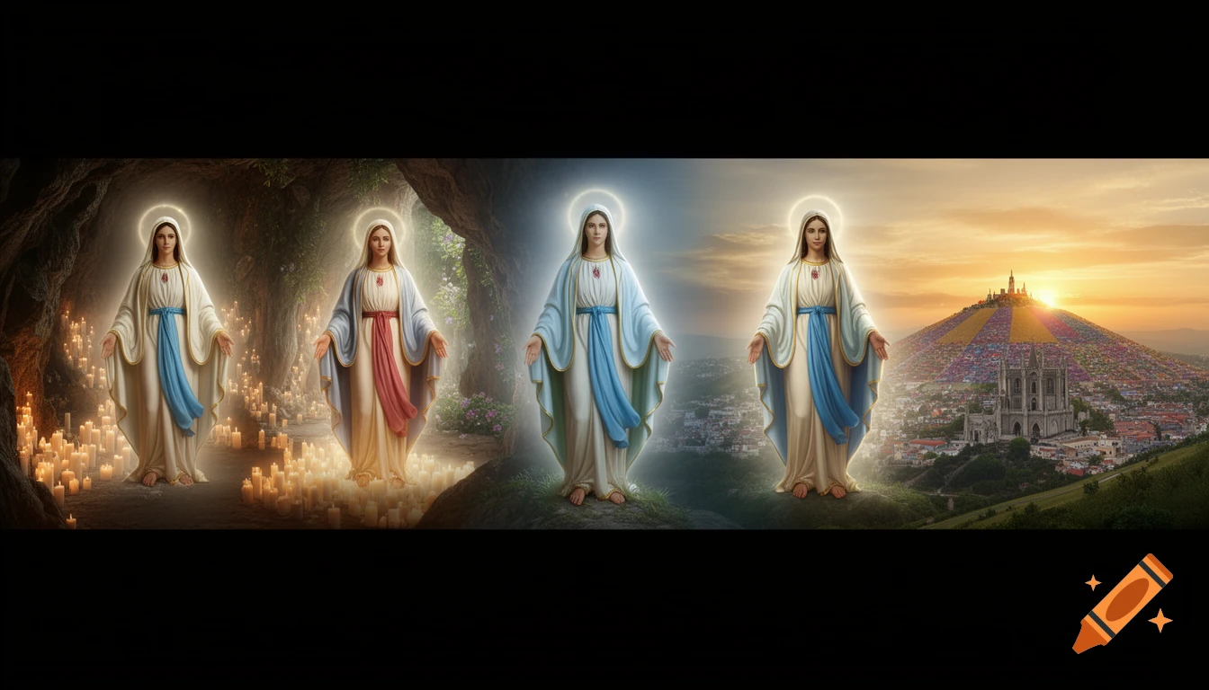 Multiple depictions of the Virgin Mary, glowing with halos, transitioning from a candlelit cave to an outdoor landscape with a city and church on a mountain at sunset.