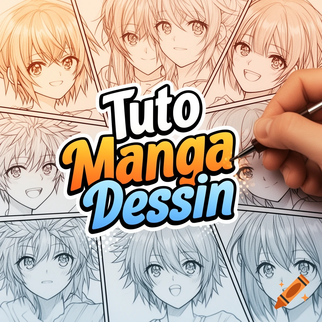 Manga-style character sketches in panels with a hand drawing, overlaid with text 'Tuto Manga Dessin' (Manga Drawing Tutorial).