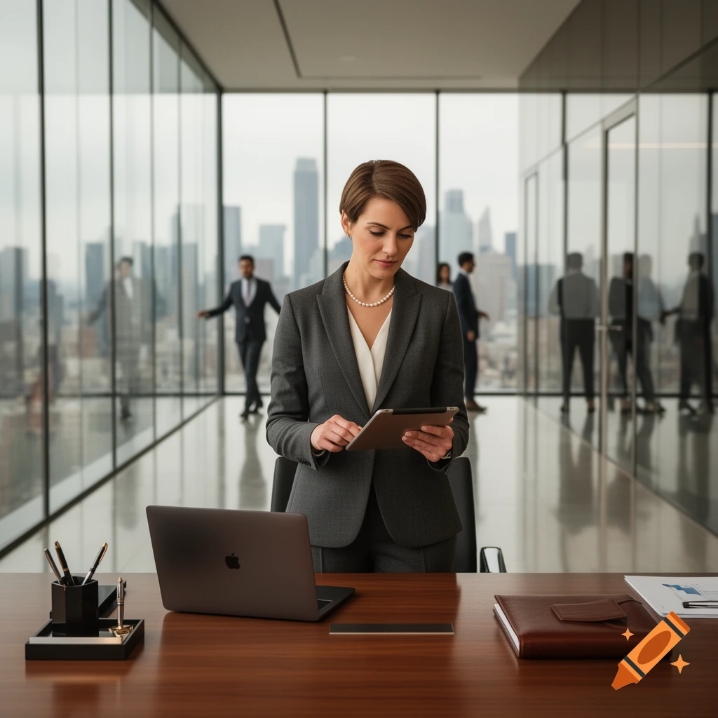A businesswoman in a suit looks at a tablet at a desk with a laptop, in a modern office overlooking a city skyline.