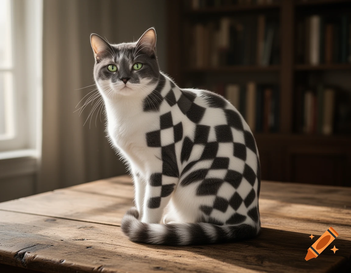 A photorealistic gray and white cat with a checkerboard pattern on its ...