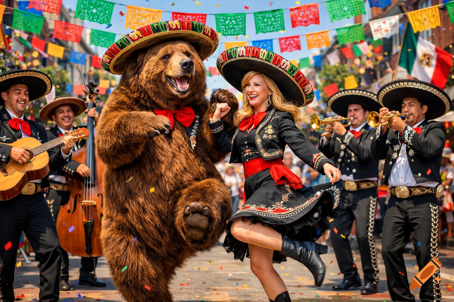 A brown bear and a blonde woman in Mexican sombreros dance at a vibrant festival with a mariachi band and colorful banners.