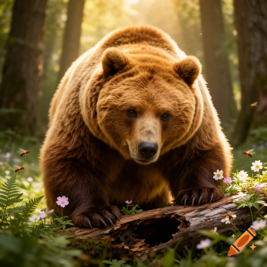 A large, brown Kodiak bear stands in a sunlit forest, surrounded by wildflowers and bees near a mossy log. Photorealistic.