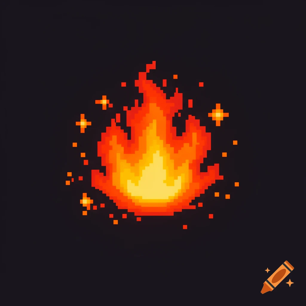 A pixel art fireball with orange, red, and yellow flames, surrounded by small sparks, on a dark background.