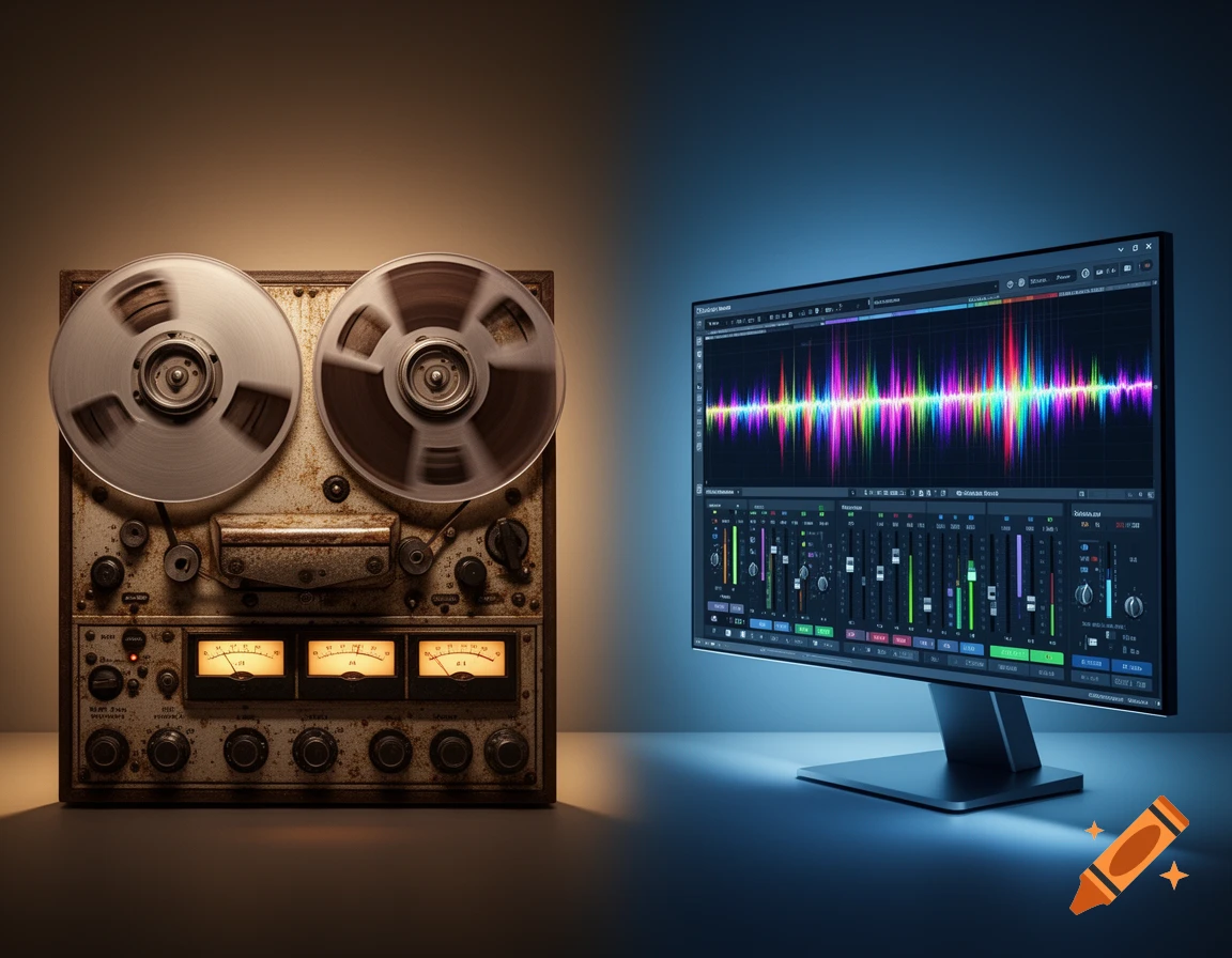 A vintage reel-to-reel player bathed in warm light next to a modern computer monitor displaying a colorful digital audio waveform and mixing interface in cool blue light.