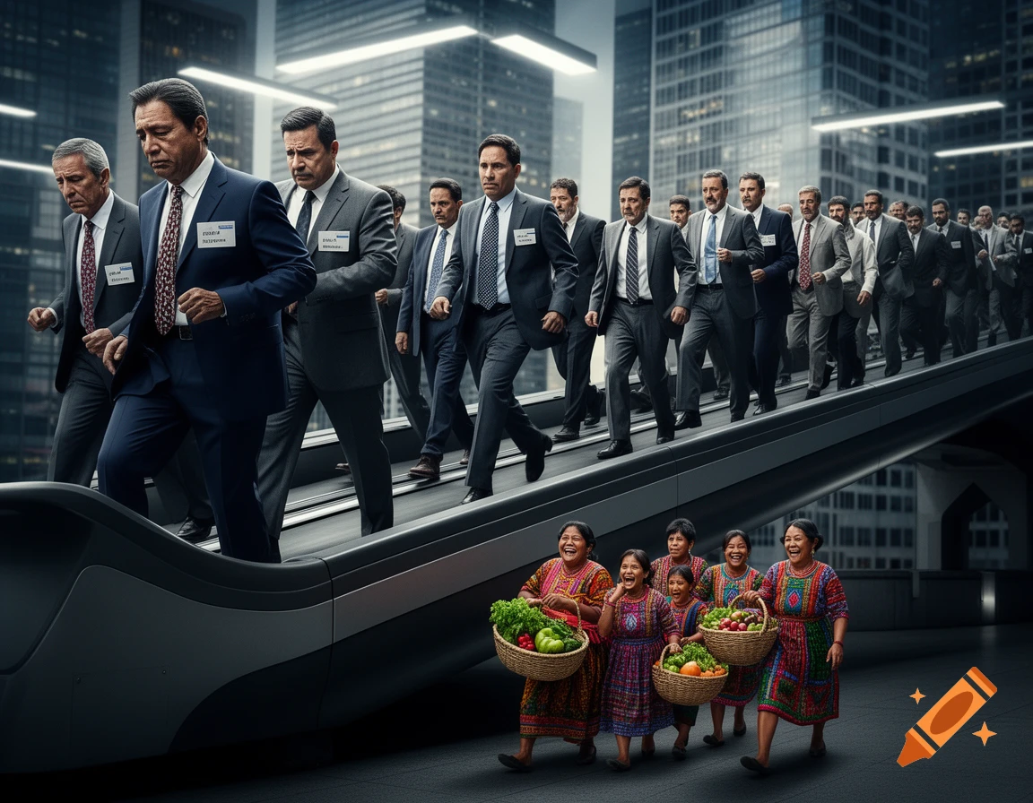 Men in suits walk up an escalator in a modern city, while indigenous women in colorful dresses carrying market baskets walk below, smiling.