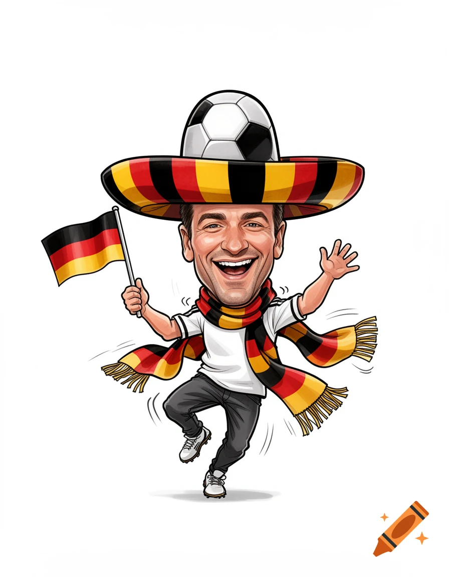 Caricature of a cheerful man in a German flag scarf and soccer ball hat, holding a German flag.