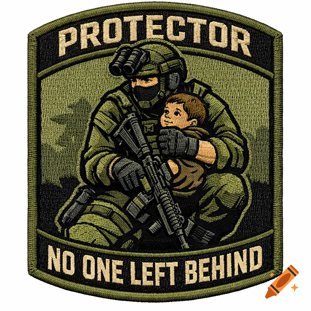 An embroidered military patch depicting a soldier in tactical gear protecting a child, with text 'PROTECTOR' and 'NO ONE LEFT BEHIND'.