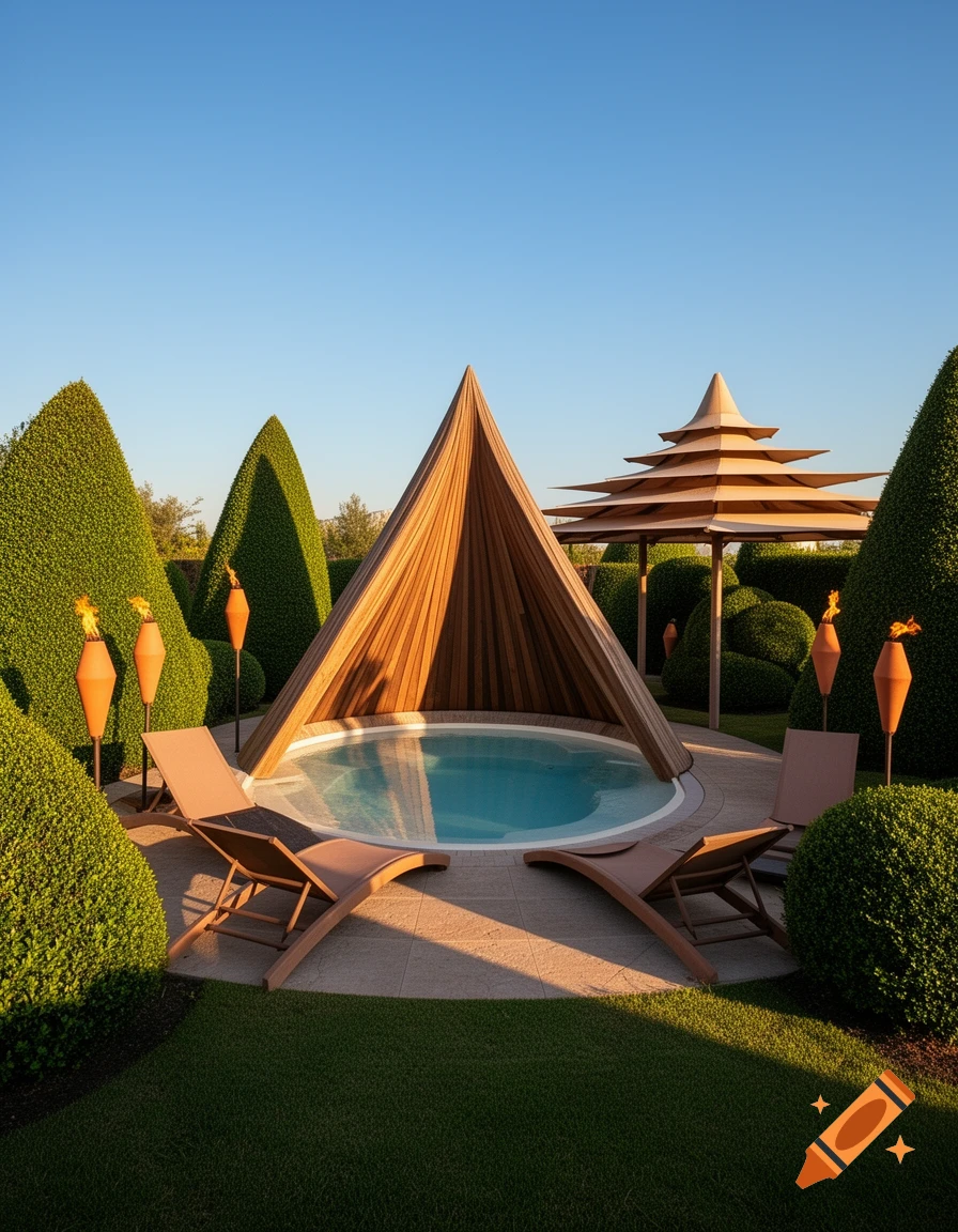 A cone-shaped wooden hot tub and chaise lounges in a meticulously manicured garden with cone-shaped bushes and torch lights under a clear blue sky.