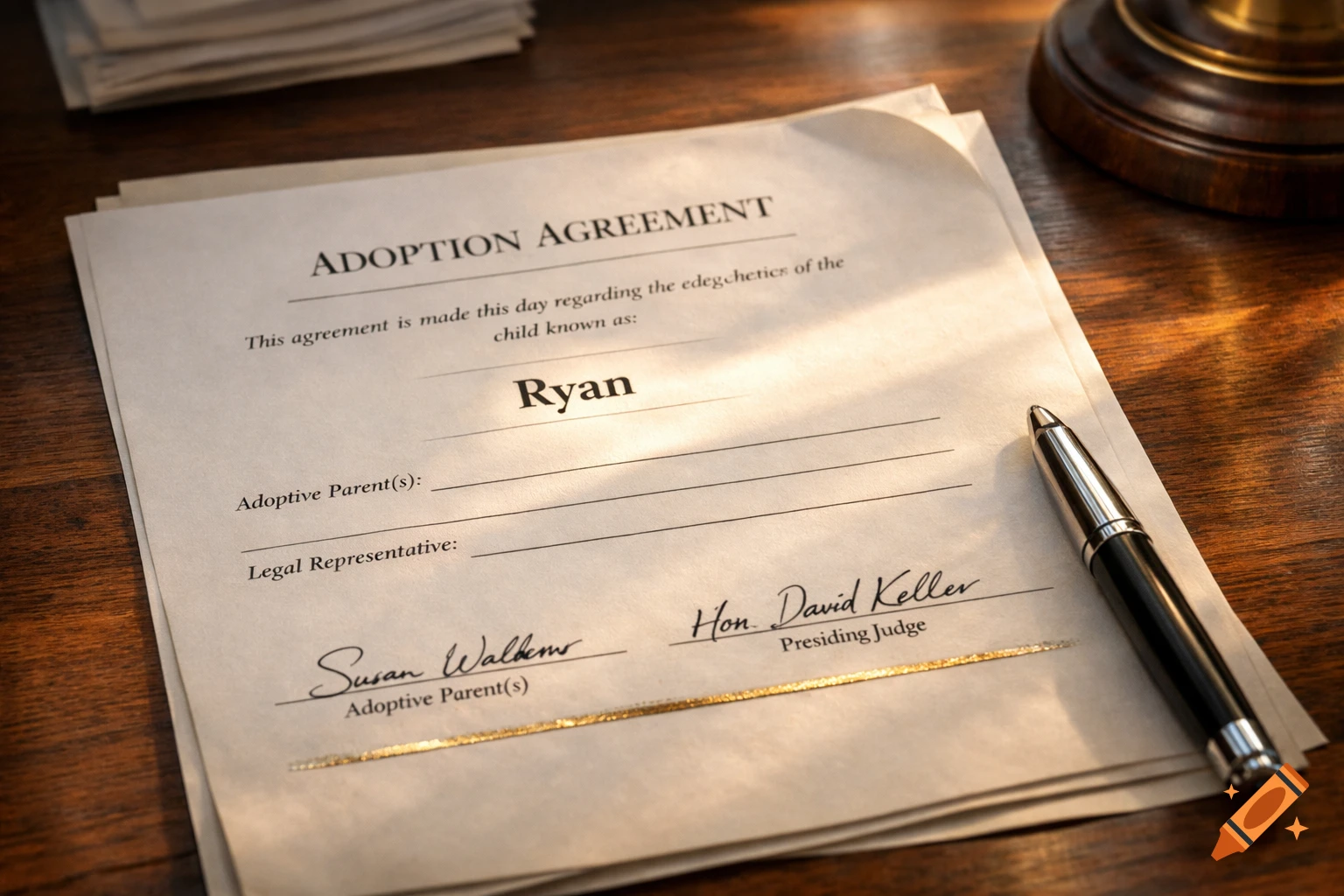Close-up of adoption papers on a wooden desk, with a pen, showing "ADOPTION AGREEMENT" and the name "Ryan" and signatures.