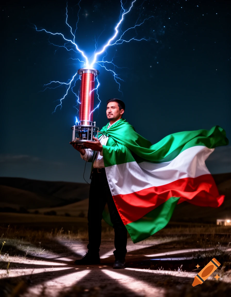 A man wrapped in a red, white, and green flag holds a tesla coil shooting lightning into a dark night sky.