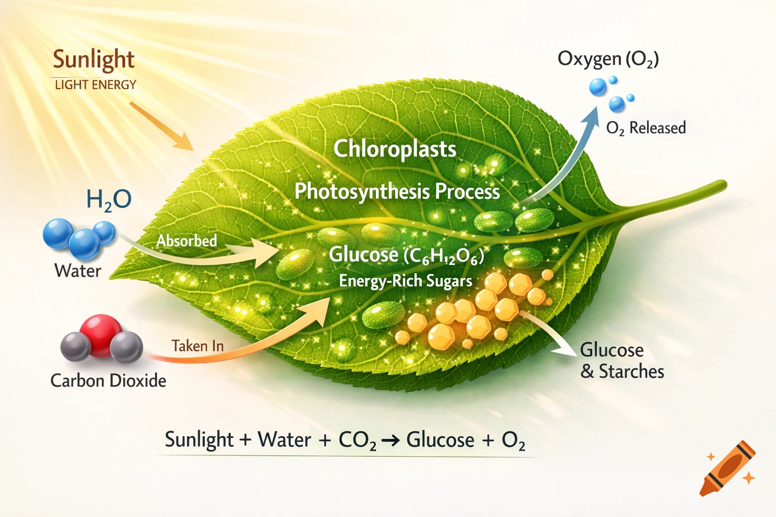A detailed scientific illustration of photosynthesis on a green leaf, showing sunlight, water, and carbon dioxide absorbed to produce glucose and oxygen.