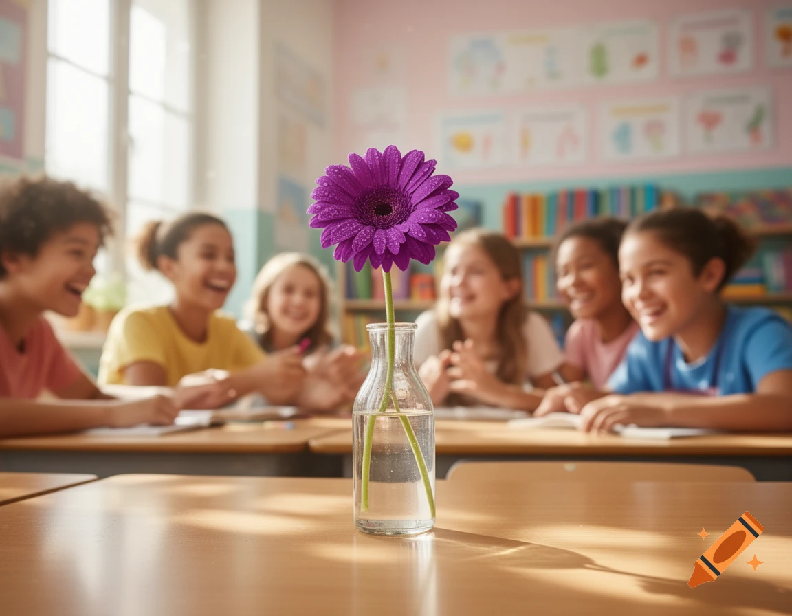 A vibrant purple flower in a small glass vase sits on a wooden desk in a bright classroom, with a group of diverse, happy children blurred in the background.