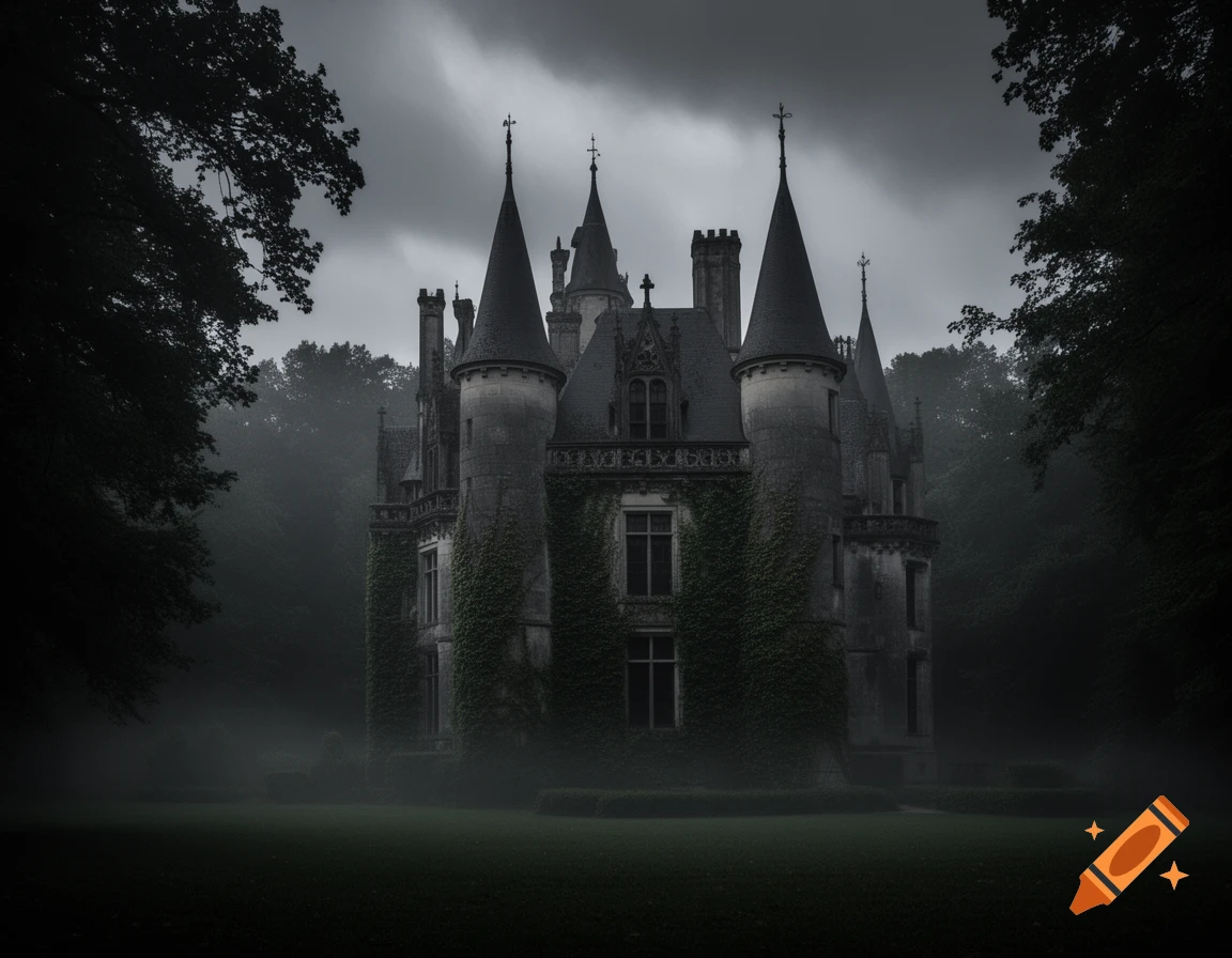 A dark, gloomy gothic castle with pointed spires shrouded in mist and surrounded by shadowy trees under a cloudy sky.