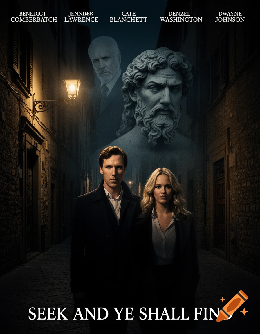 A dark, cinematic movie poster featuring Benedict Cumberbatch and Jennifer Lawrence in a Florence alley, with ghostly figures of Ralph Fiennes and a stone bust above them. Text reads 'SEEK AND YE SHALL FIND'.