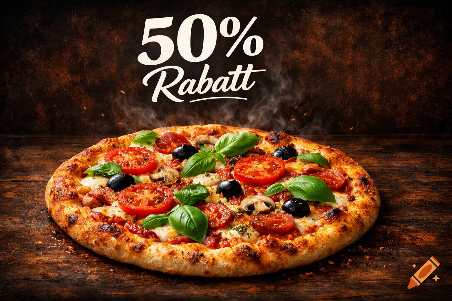 A hot, fresh pizza with tomatoes, olives, mushrooms, and basil on a dark wooden table, with '50% Rabatt' text above it.