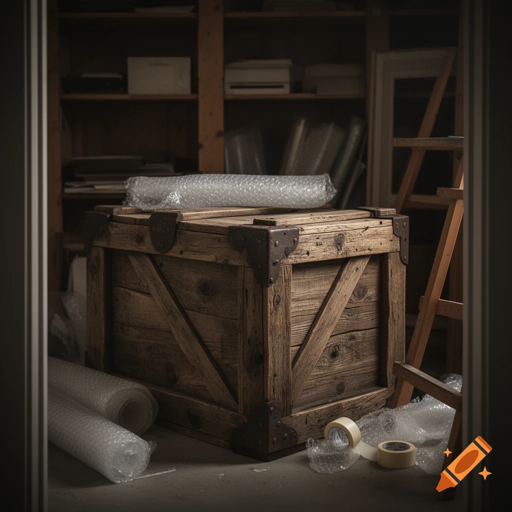 A rustic wooden packing crate, rolls of bubble wrap, and masking tape on the floor in a dimly lit storage closet.