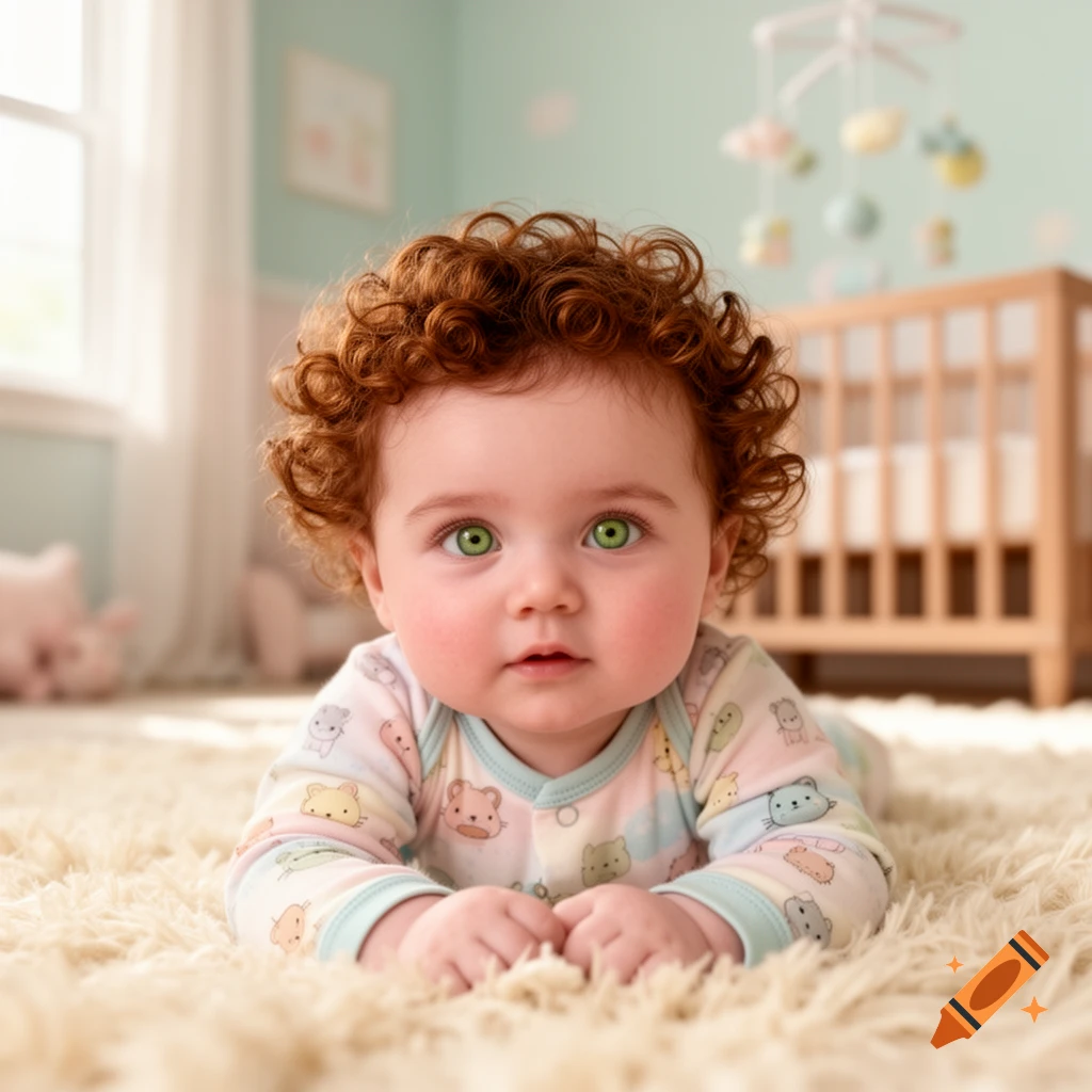 A cute baby with bright green eyes and curly reddish-brown hair lies on a fluffy rug in a nursery.