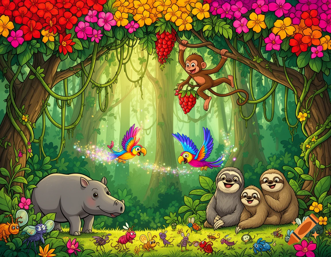 A vibrant cartoon rainforest scene with a hippo, sloths, a monkey, and colorful parrots among trees, flowers, and various insects.
