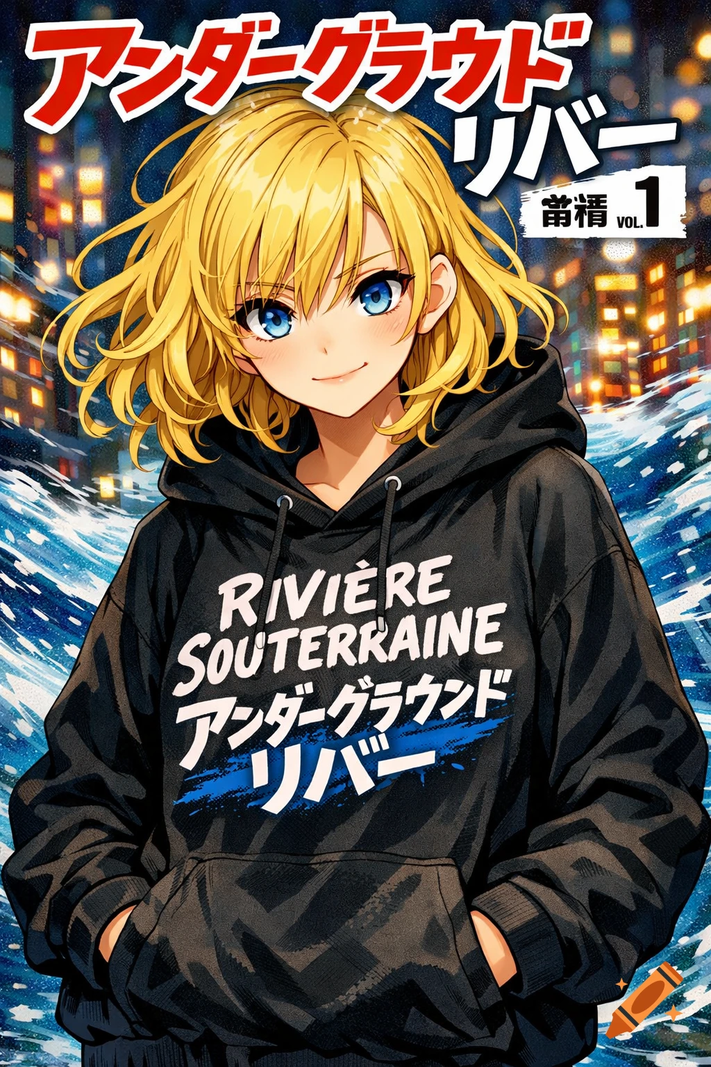 Anime girl with blonde hair and blue eyes, wearing a black hoodie with 'RIVIERE SOUTERRAINE UNDERGROUND RIVER' text, smiling in front of a city and water.