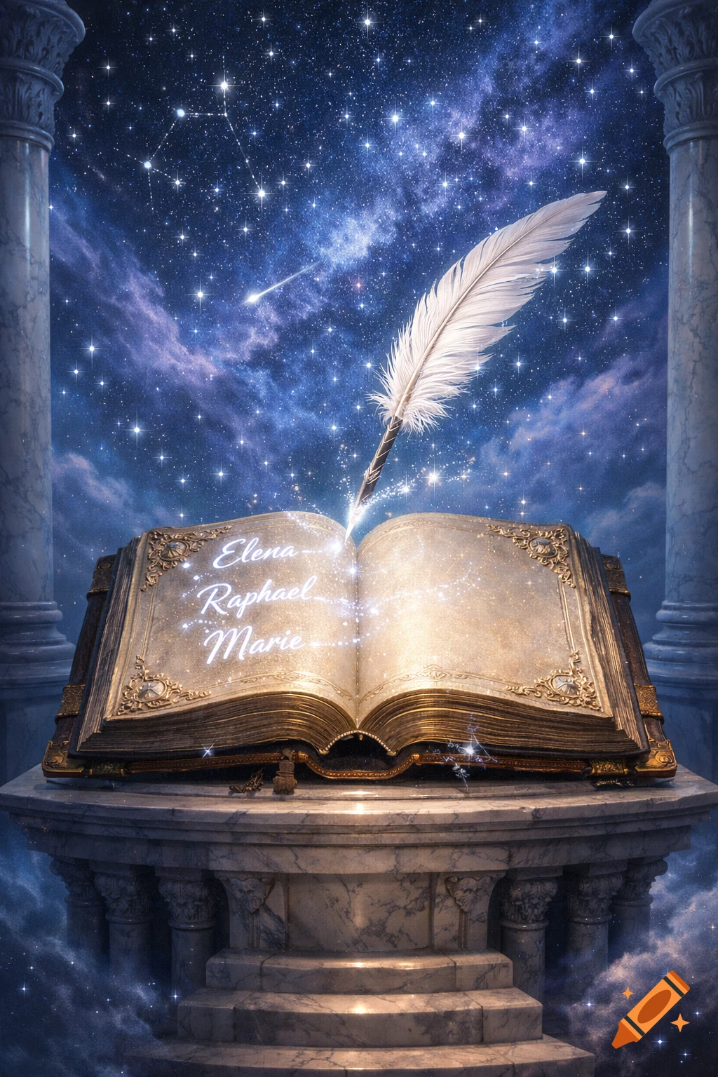 A glowing quill writes names into an ornate open book on a marble pedestal, under a dramatic starry sky with nebulae and classical columns.