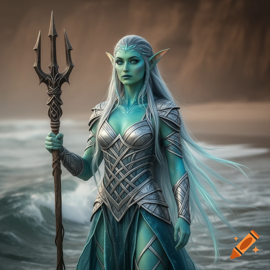 A green-skinned female sea elf in silver armor holds a trident on a beach with ocean waves and a blurry brown background.