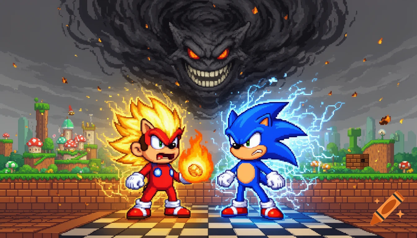 Pixel art of Super Mario with yellow spiky hair and a fireball confronting Super Sonic, under a menacing cloud monster.