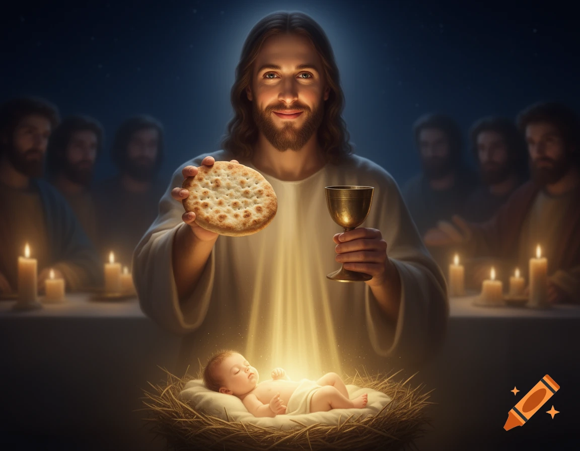 Jesus holds flat bread and a chalice, illuminated by golden light, with baby Jesus in a manger below and blurred apostles in the background.