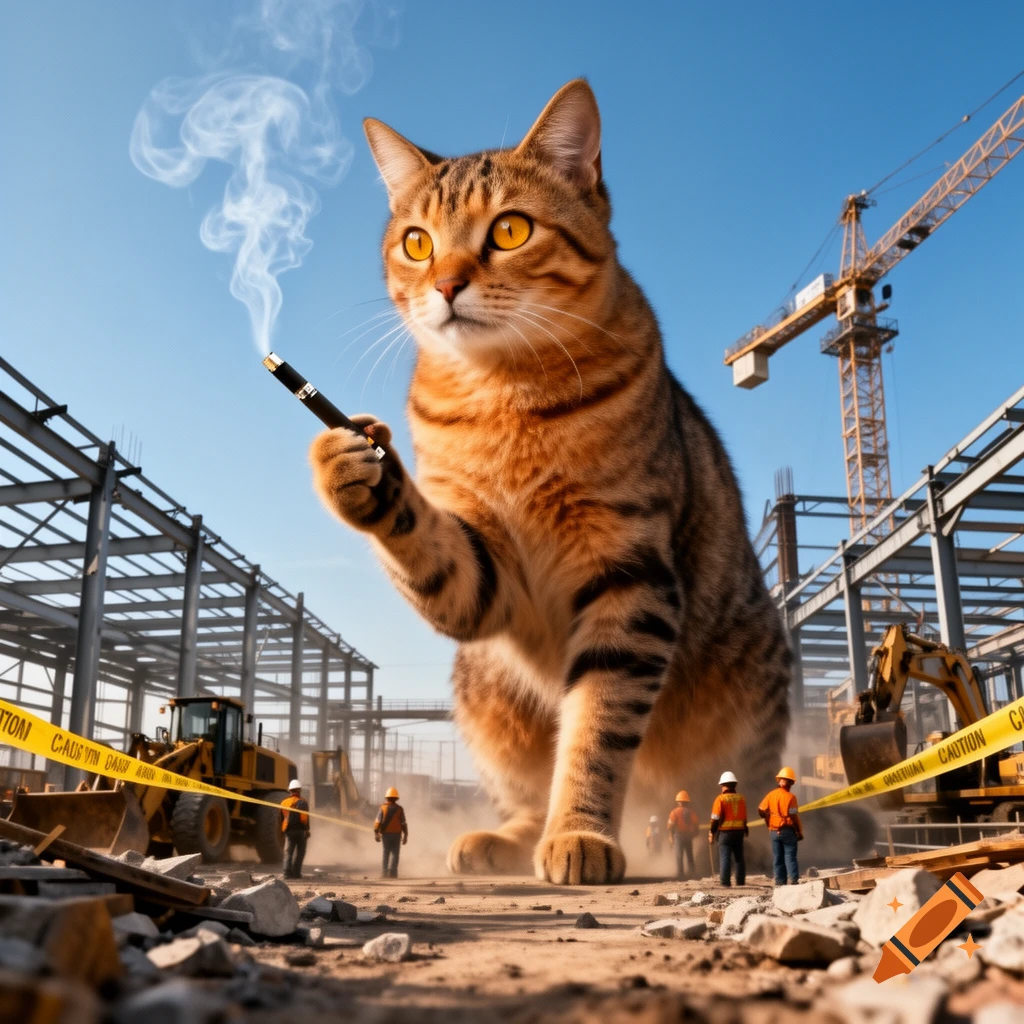 A gigantic tabby cat smokes an e-cigarette at a dusty construction site with workers and heavy machinery.