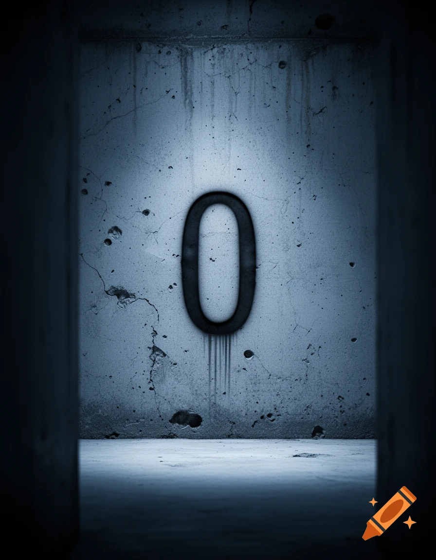 A stylized black number 0 painted on a dark, cracked concrete wall with grunge textures and dramatic lighting.