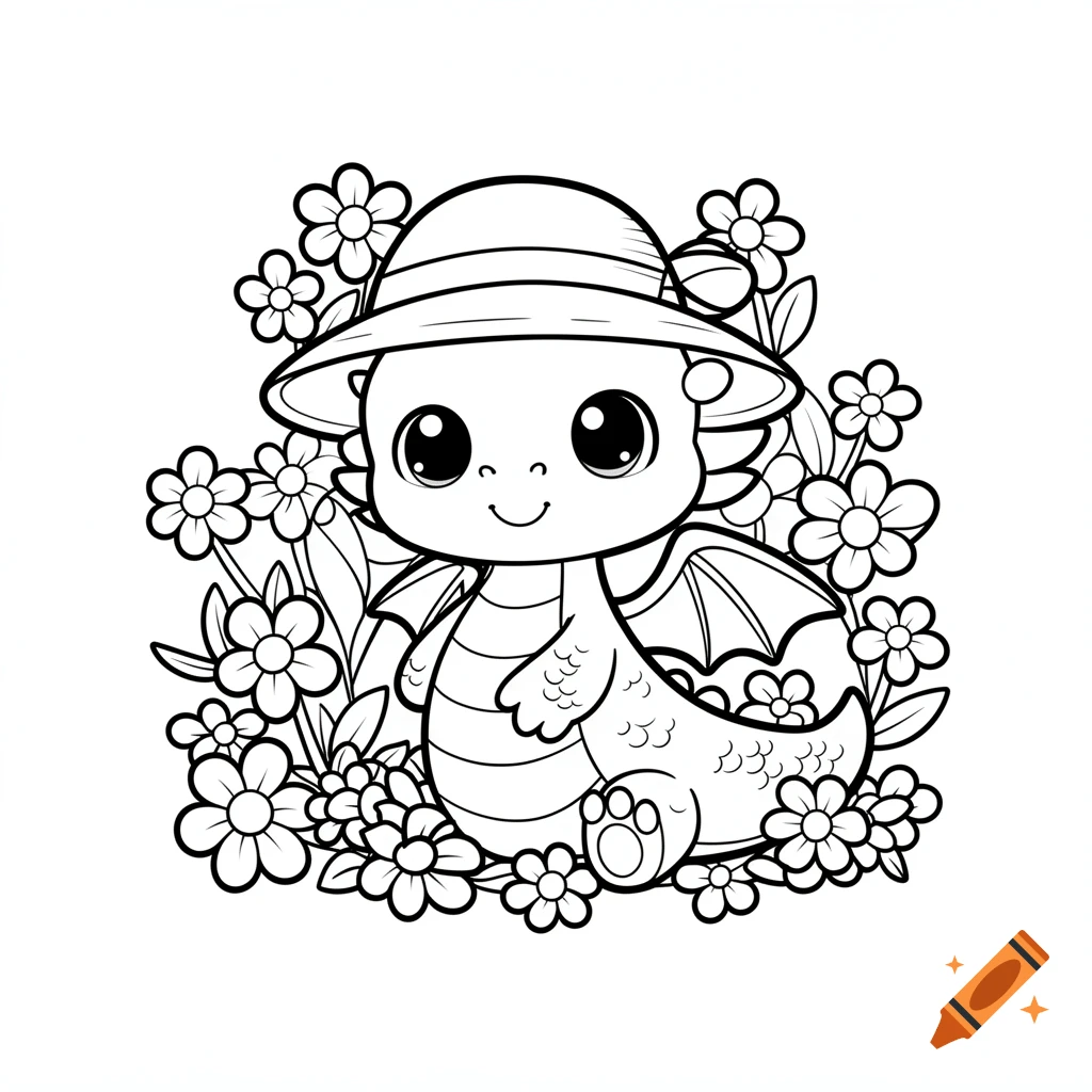 Kawaii baby dragon wearing a sun hat, surrounded by spring flowers, in a black and white outline cartoon style.