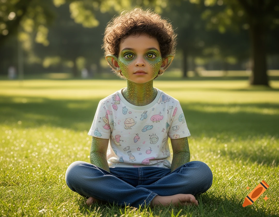 A young child with green lizard skin, pointy ears, and bright green eyes sits on green grass in a park, wearing a white patterned shirt and blue jeans.
