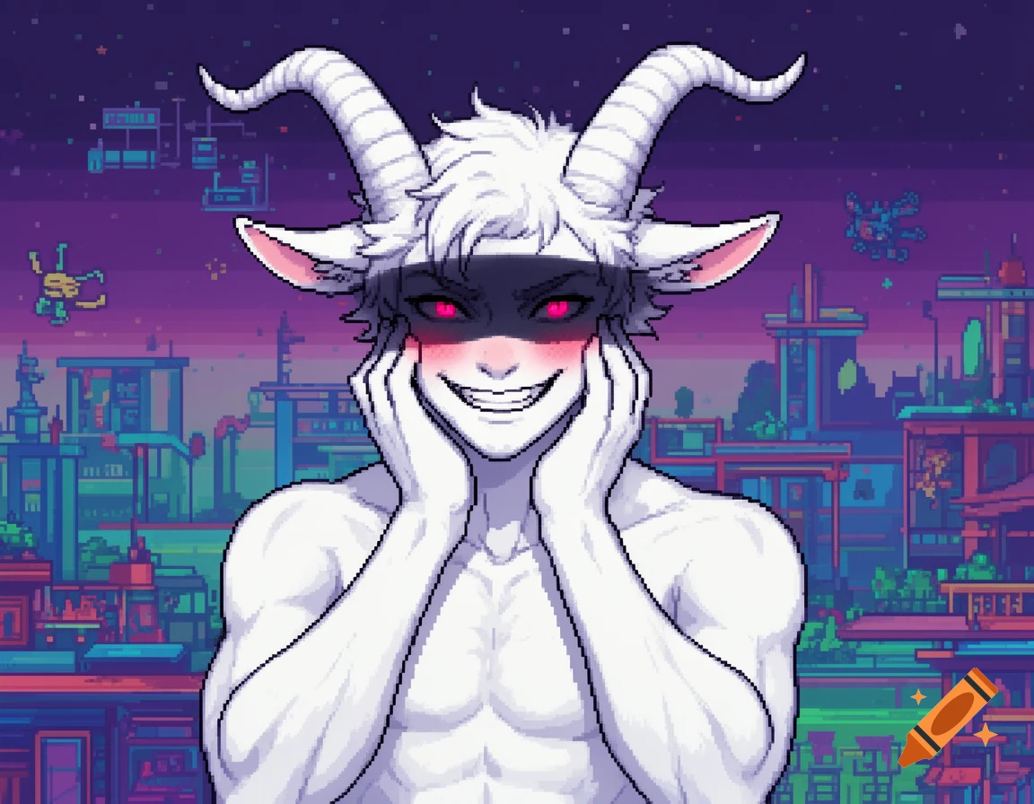 Pixel art of a grinning, blushing anthro goat-like male with white fur, horns, and pink eyes, posing against a futuristic cityscape.