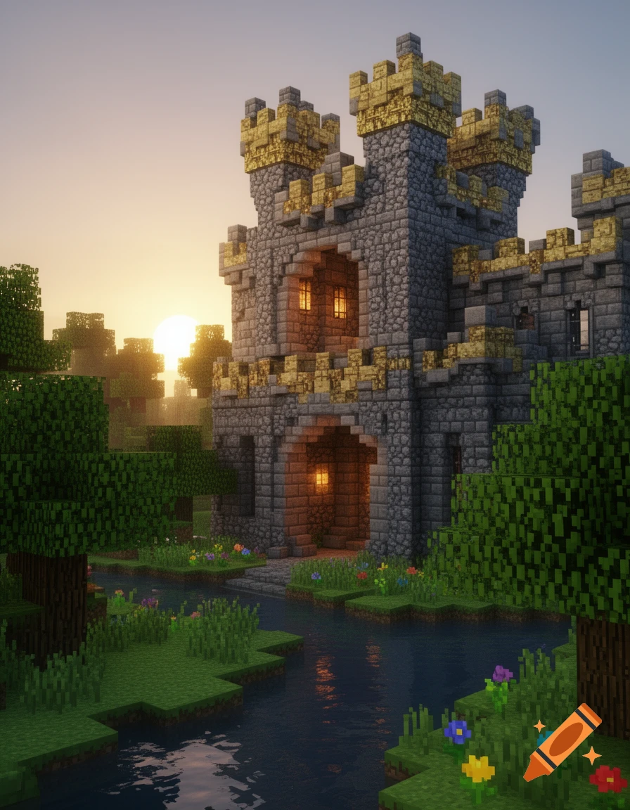 A blocky Minecraft-style medieval castle with gold accents stands by a river in a forest at sunset.