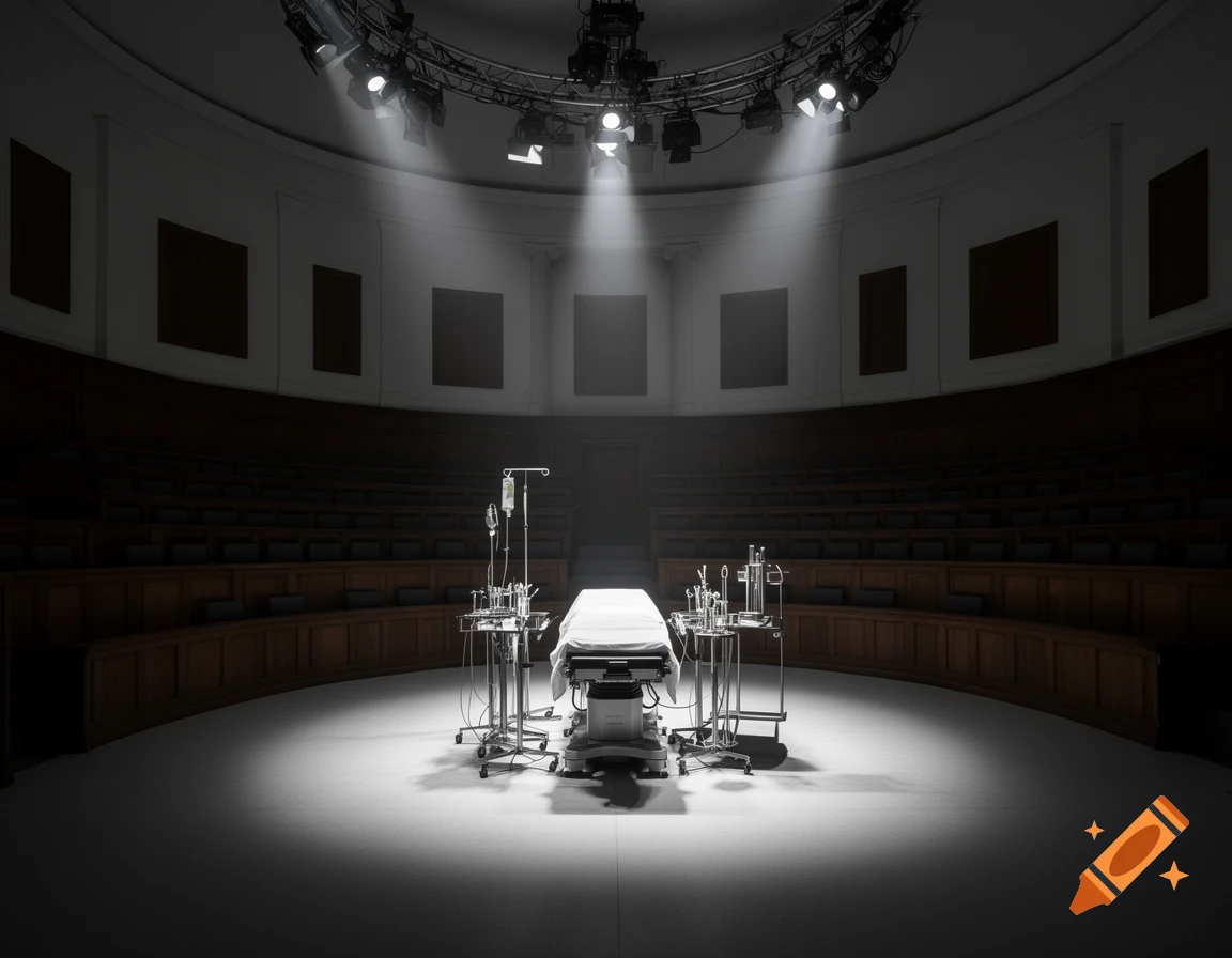 An empty anatomical theatre with a medical bed and equipment under bright spotlights, surrounded by tiered wooden seating.
