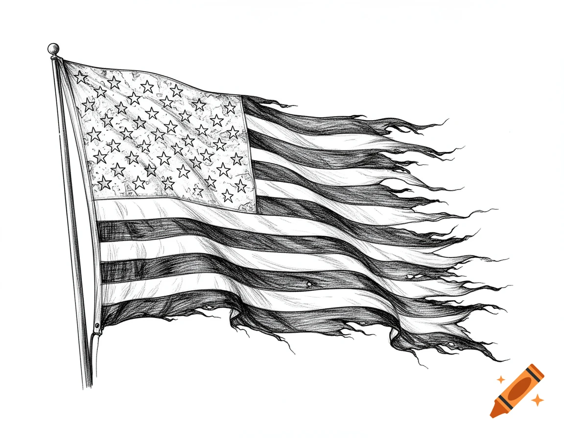 Black and white line drawing of a tattered American flag waving on a pole.