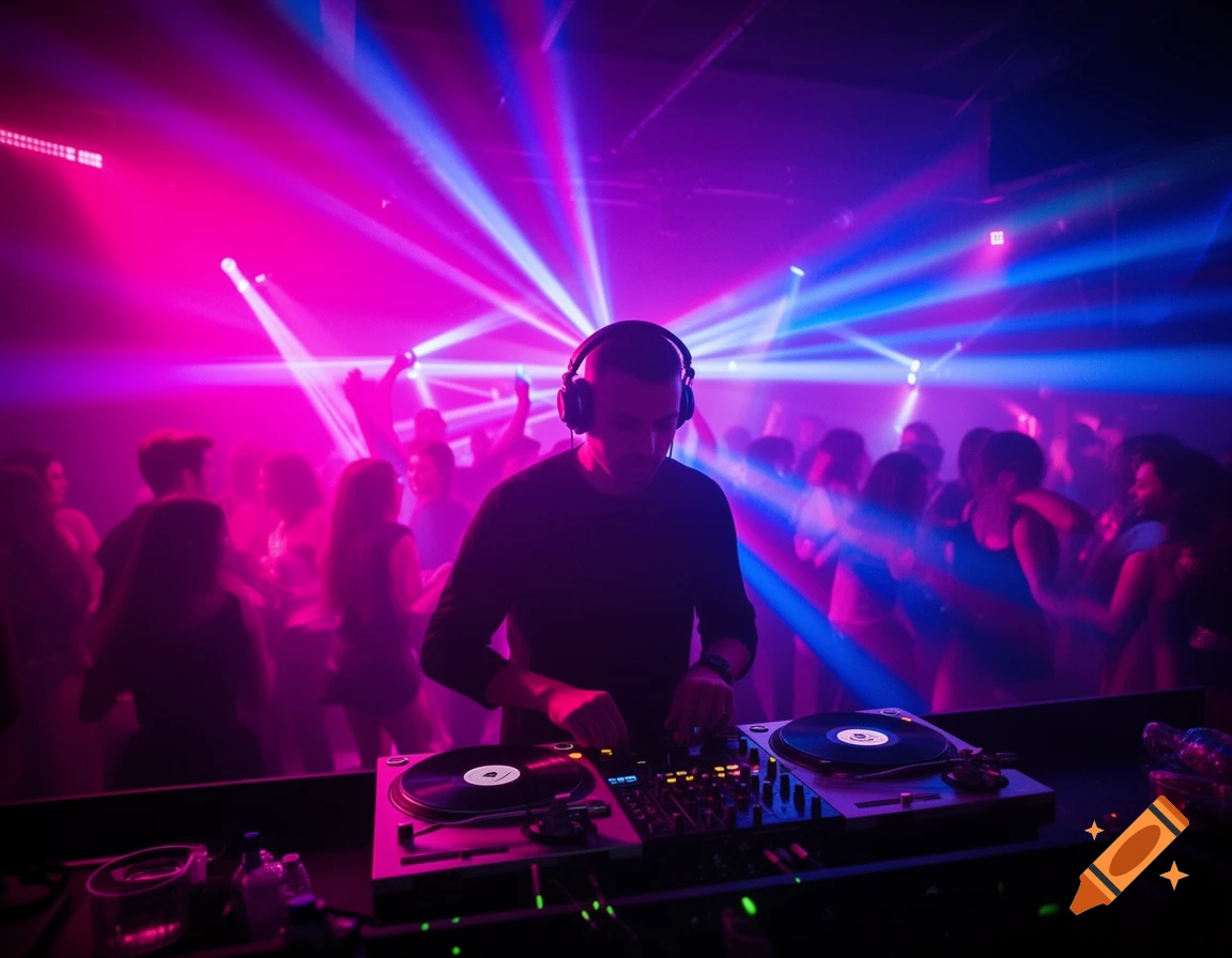 A DJ wearing headphones playing music at turntables in a neon-lit nightclub with a blurred crowd dancing.