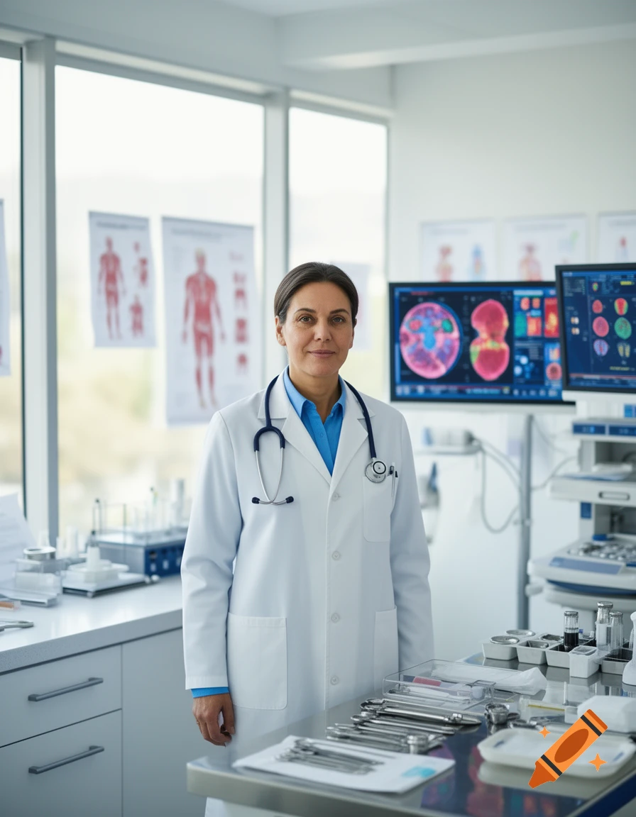 A female doctor in a white lab coat and stethoscope stands in a modern medical lab with monitors displaying medical scans and instruments on a table.