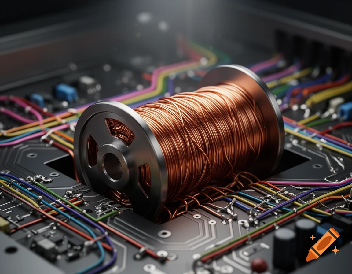 A close-up, photorealistic view of a copper wire coil resting on a detailed electronic circuit board with colorful wires.