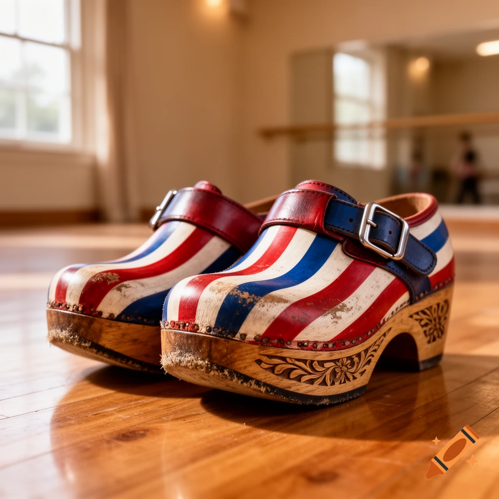 A pair of distressed wooden clogs with red, white, and blue stripes rests on a polished wooden floor in a sunny room.