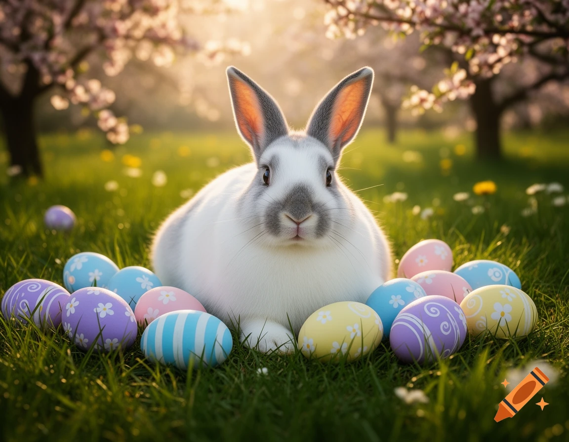 A white and gray Easter bunny sits in green grass surrounded by colorful patterned Easter eggs. Bright sunlight illuminates the spring scene with blurry pink blossoms.