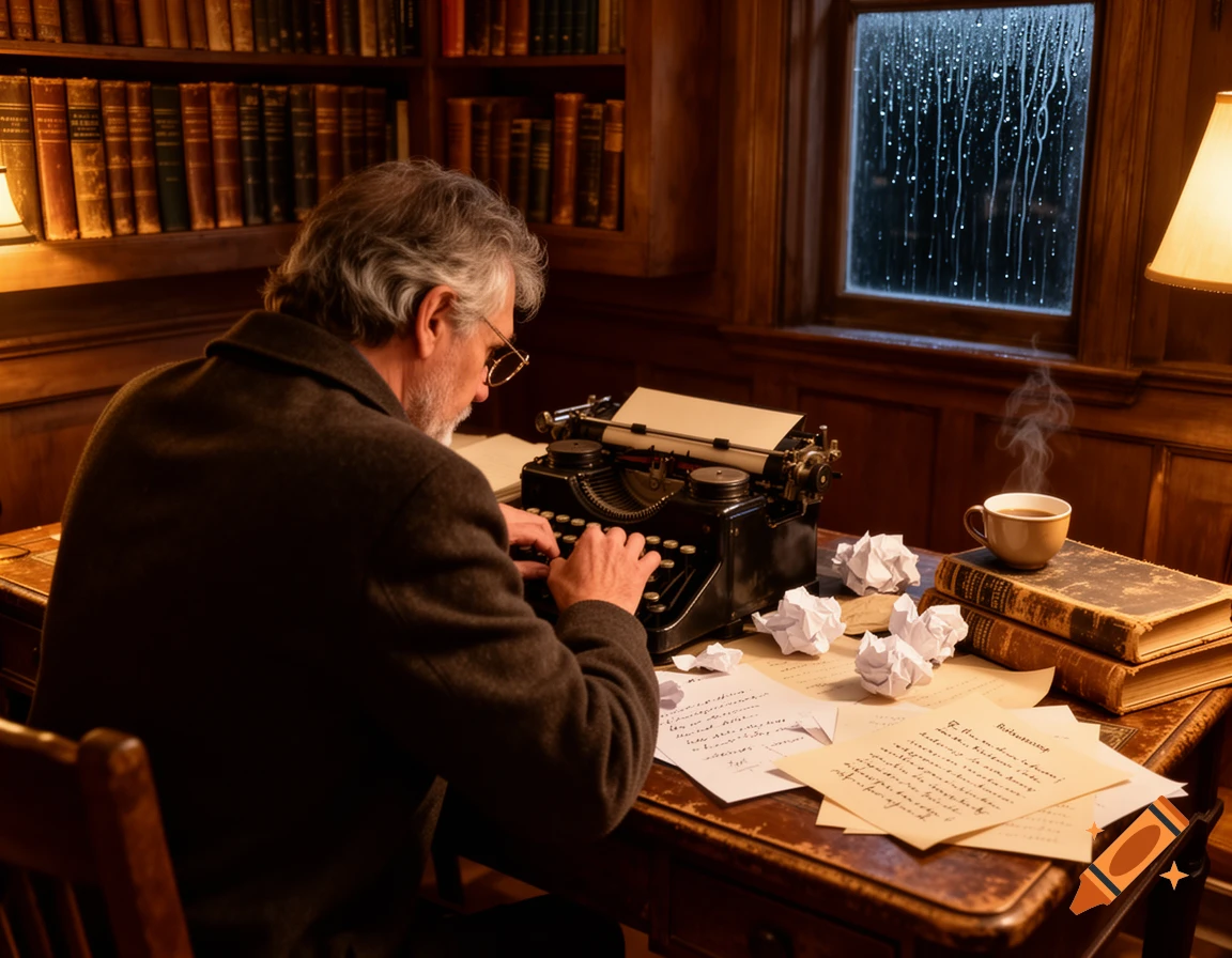 An elderly man types on a vintage typewriter in a cozy, book-lined study with coffee and papers on the desk, as rain streaks a window.