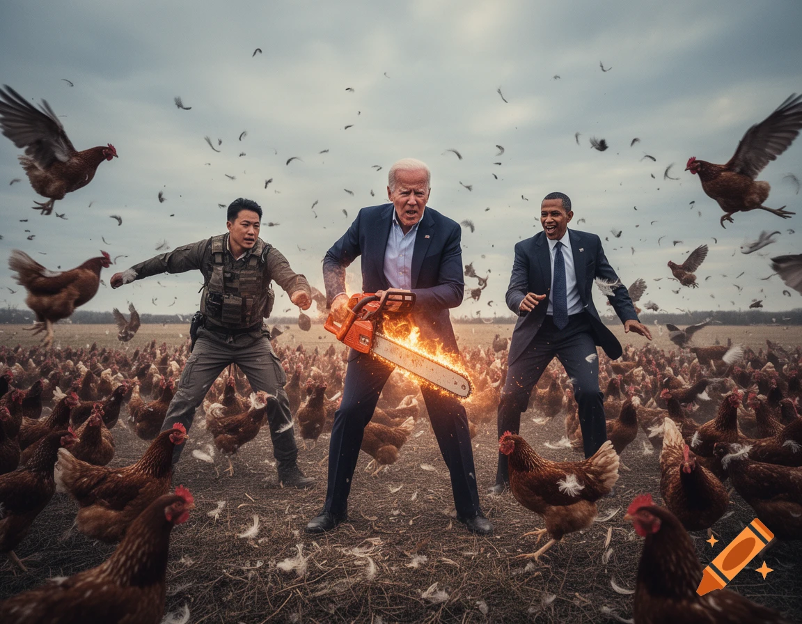 Joe Biden wielding a flaming chainsaw, an Asian man in tactical gear, and Barack Obama battle an army of chickens in a field, with feathers flying.