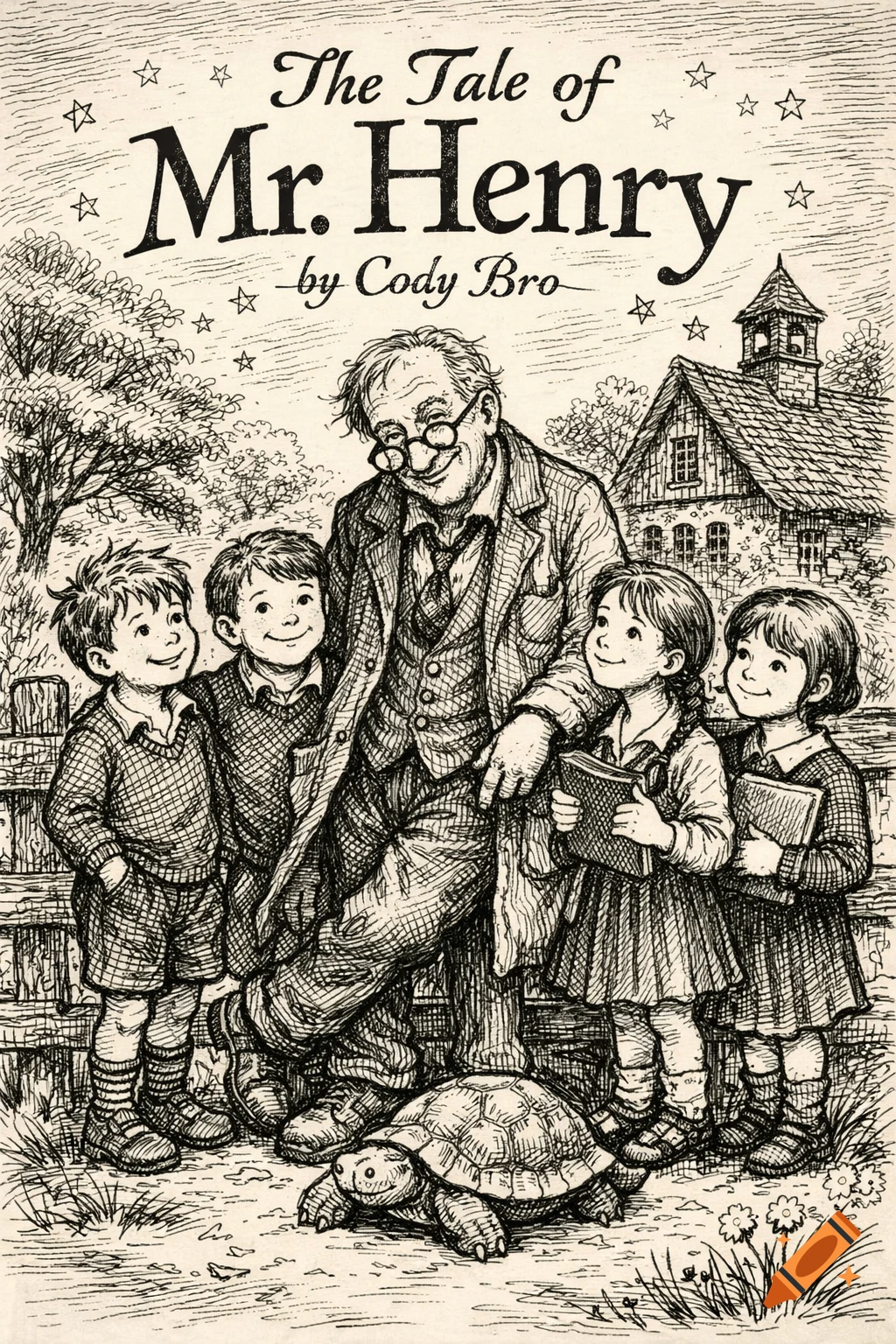 Black-and-white pen-and-ink children's book cover with an old teacher, four smiling children, and a tortoise.